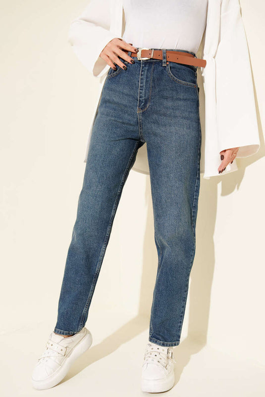 Kemerli Mom Jeans Pantolon Tintli