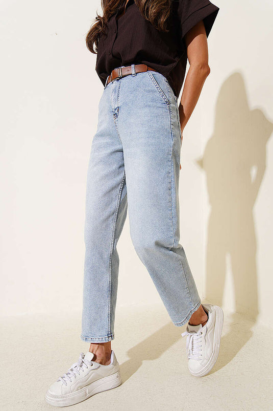 Pantaloni Mom in Jeans con Cintura Colore Chiaro
