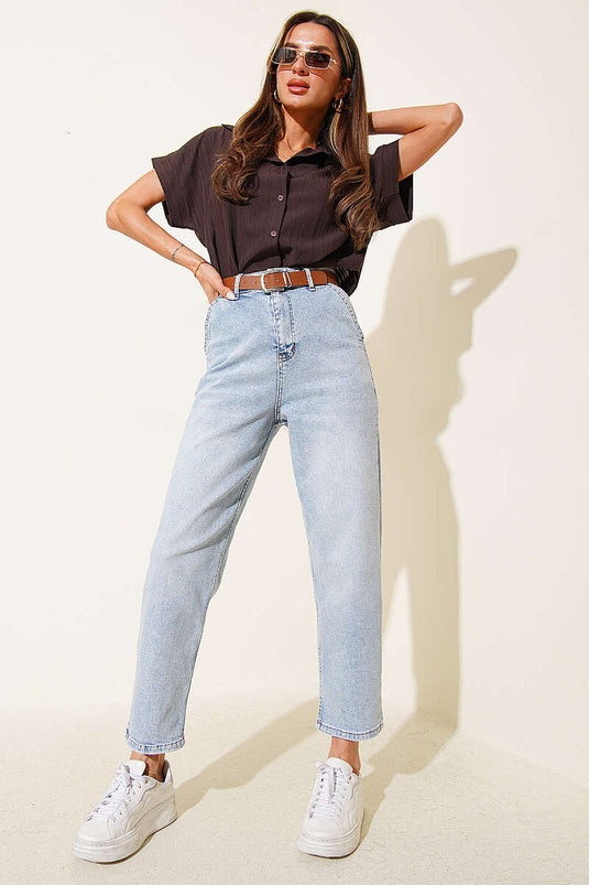 Pantaloni Mom in Jeans con Cintura Colore Chiaro
