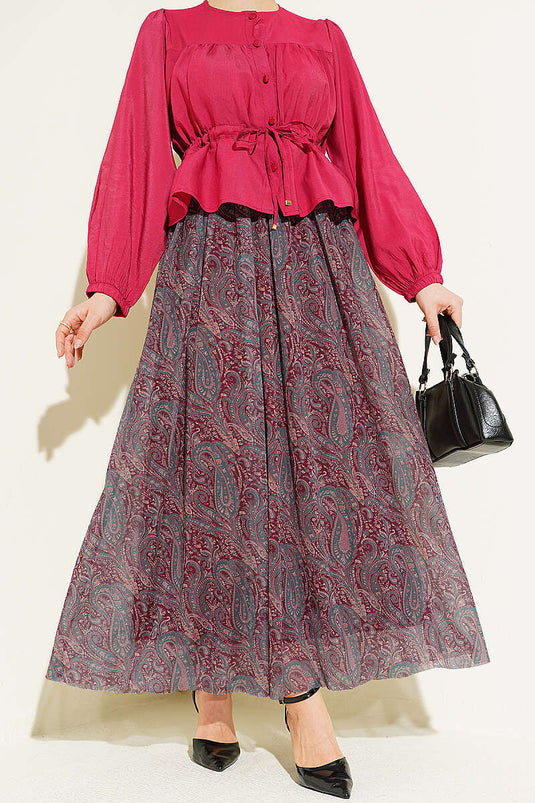 Gonna in chiffon con stampa paisley e cintura, bordeaux