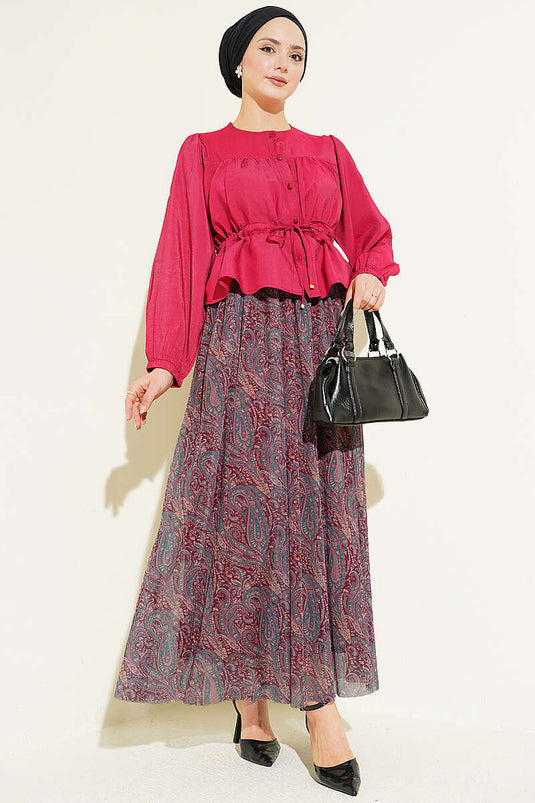 Gonna in chiffon con stampa paisley e cintura, bordeaux