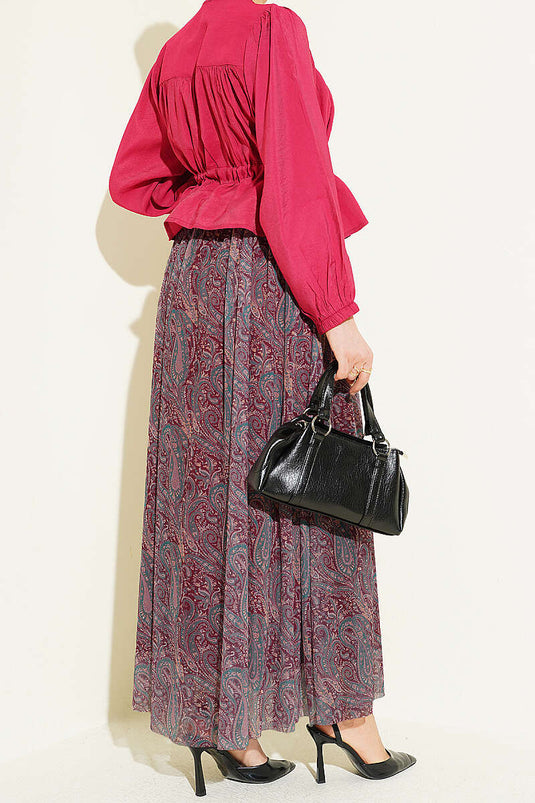 Gonna in chiffon con stampa paisley e cintura, bordeaux