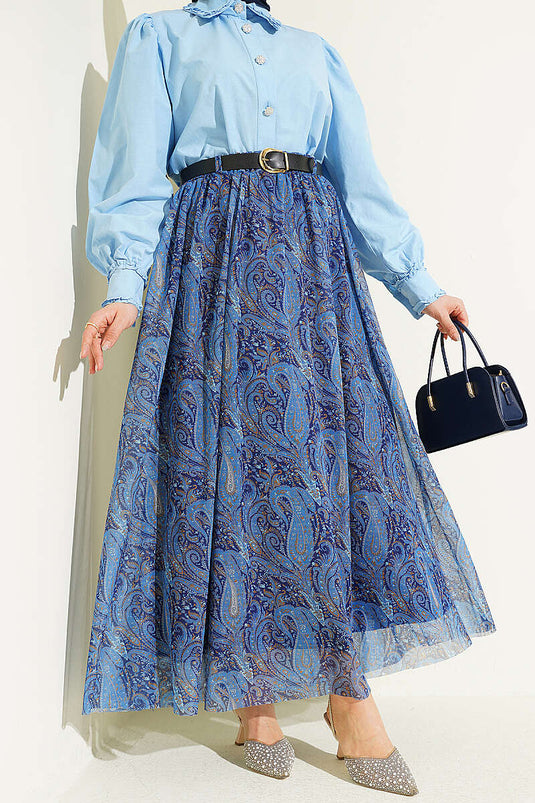 Gonna in chiffon con stampa paisley e cintura blu