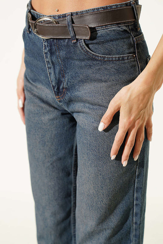 Geklede Bruine Palazzo Jeans Broek Met Riem