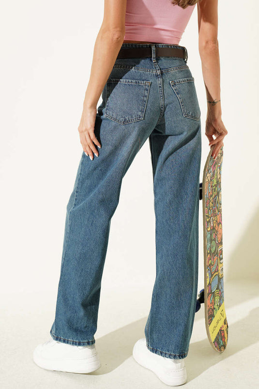 Pantaloni Palazzo Jeans Blu Con Cintura