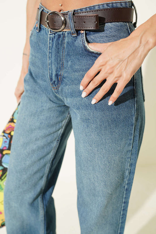 Pantaloni Palazzo Jeans Blu Con Cintura