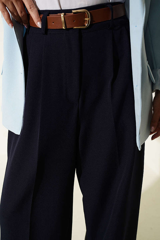 Belted Navy Palazzo Fabric Pants
