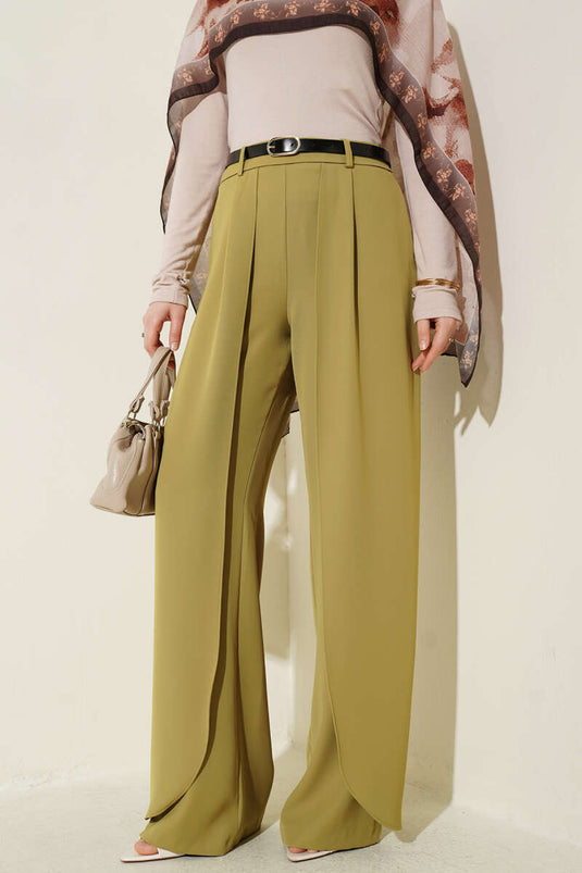 Belted Panel Detail Trousers Olive Green