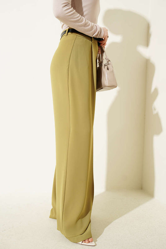 Belted Panel Detail Trousers Olive Green