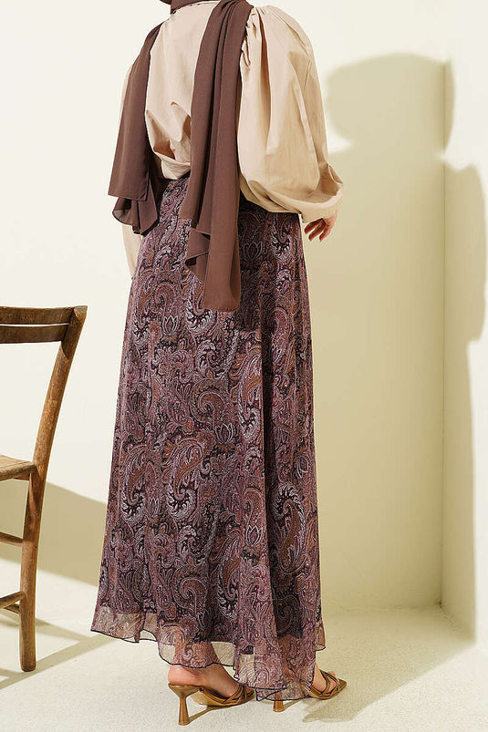 Chiffon Skirt with Belt and Paisley Pattern in Dark Brown