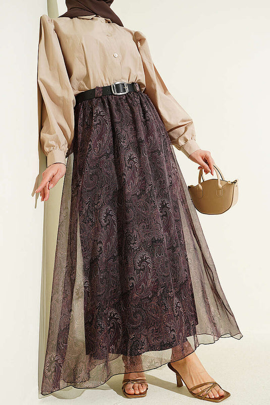 Gonna chiffon con cintura e motivo Pasiley kaki