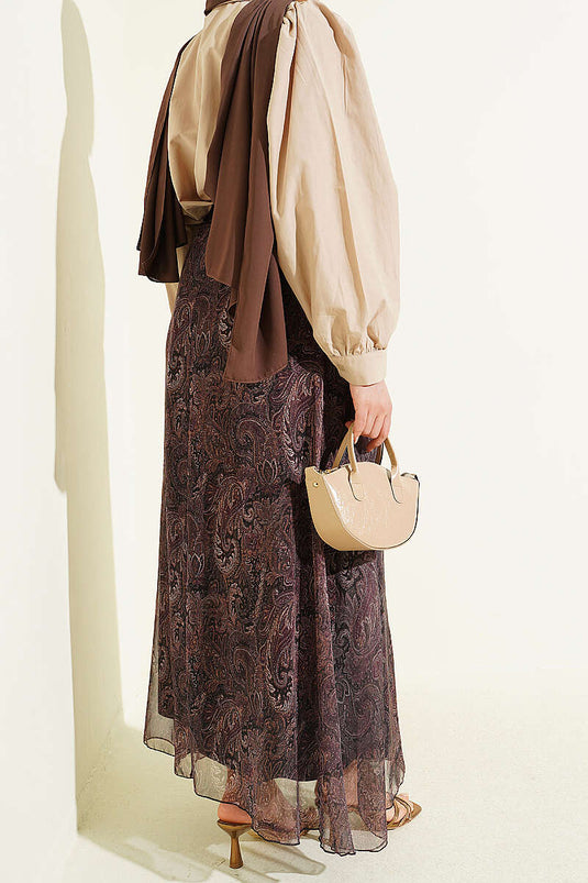 Chiffon Skirt with Belt Paisley Pattern Khaki