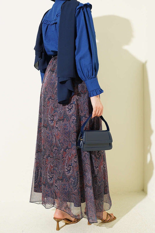 Navy Blue Chiffon Skirt with Belt and Paisley Pattern