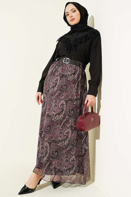 Chiffon Skirt with Belt and Paisley Pattern, Burgundy