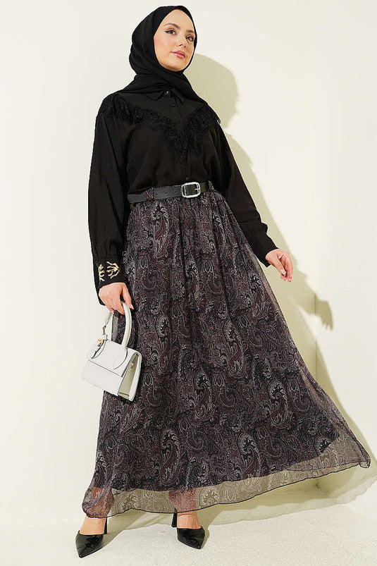 Black Chiffon Skirt with Belt and Paisley Pattern