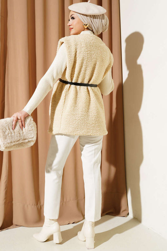Gilet en peluche ceinturé beige
