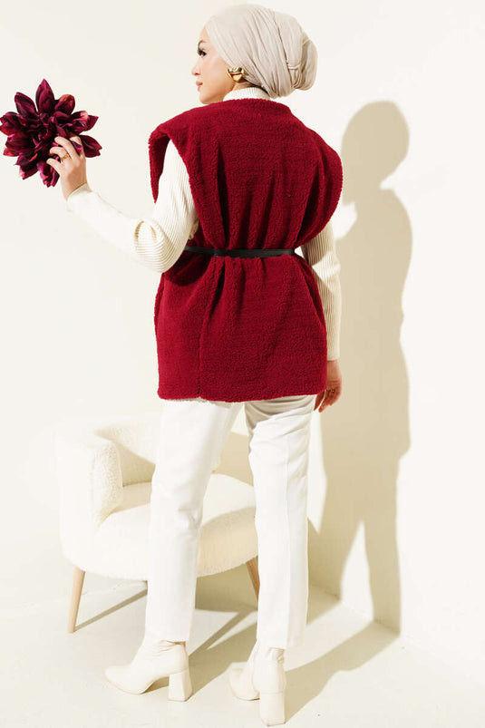 Gilet en peluche ceinturé bordeaux