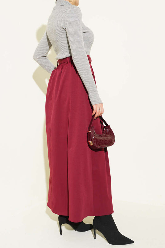 Kemerli Pile Detaylı Cepli Etek Bordo