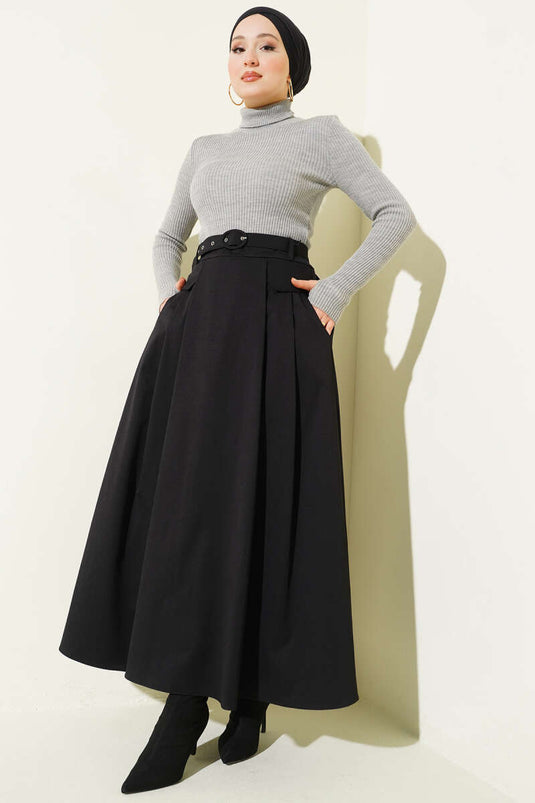 Kemerli Pile Detaylı Cepli Etek Siyah