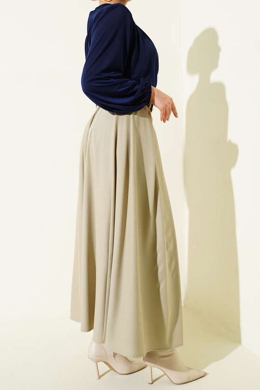 Kemerli Pile Detaylı Etek Bej