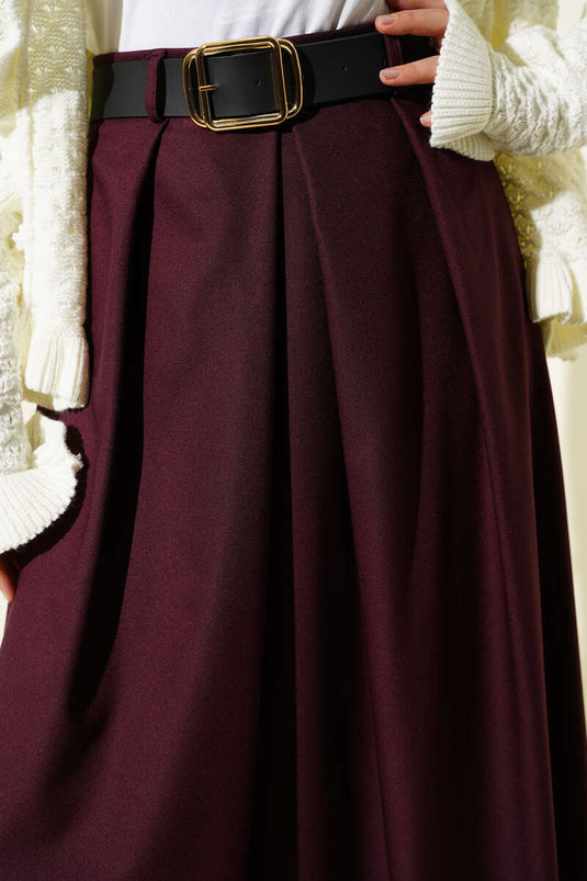 Kemerli Pile Detaylı Etek Bordo