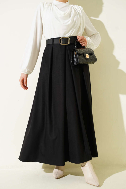 Kemerli Pile Detaylı Etek Siyah