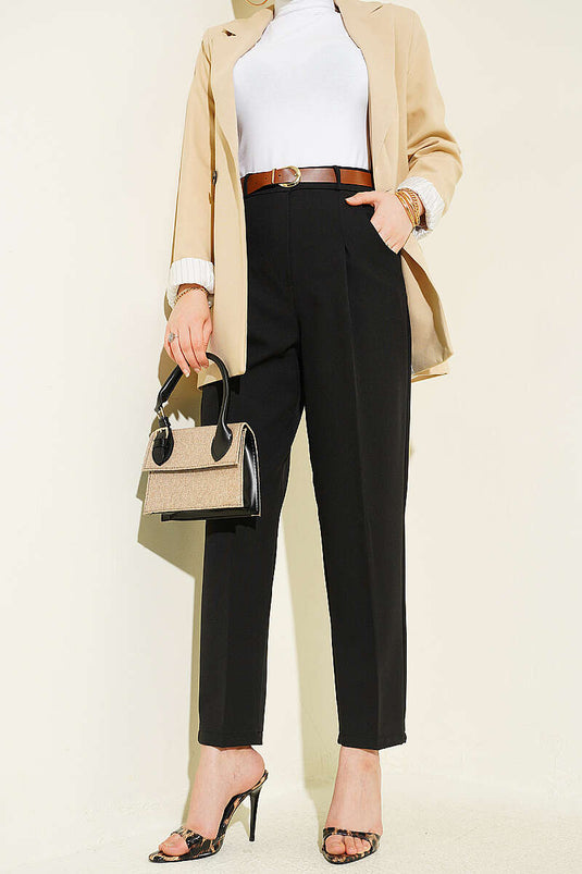 Black Tapered Pants with Belt and Pleated Detail