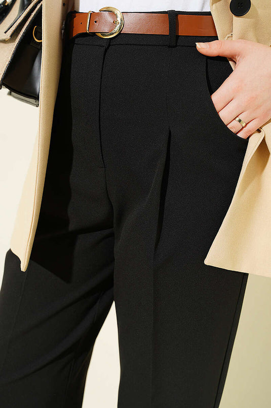 Black Tapered Pants with Belt and Pleated Detail