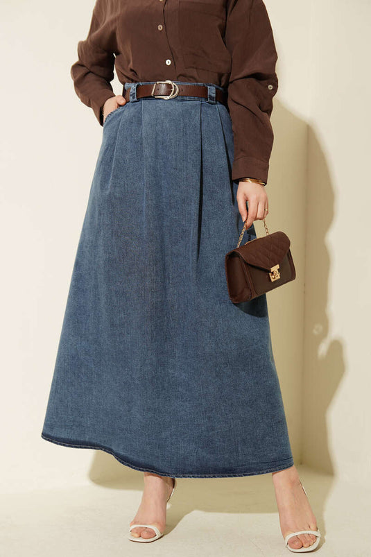 Blue Denim Skirt with Belt and Pleated Detail