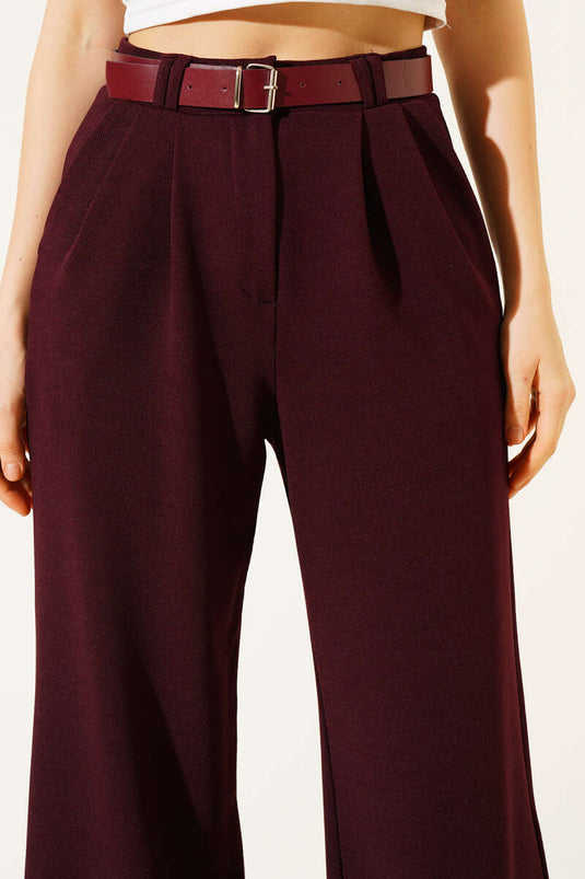 Kemerli Pileli Geniş Paça Pantolon Mürdüm