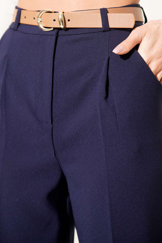 Navy Blue Pleated Tapered Pants with Belt