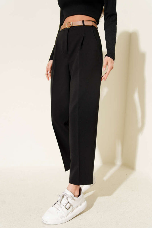 Black Pleated Tapered Trousers with Belt