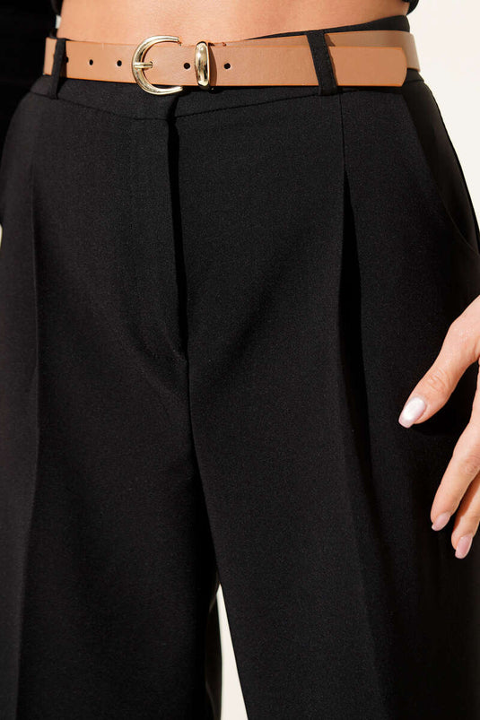 Black Pleated Tapered Trousers with Belt