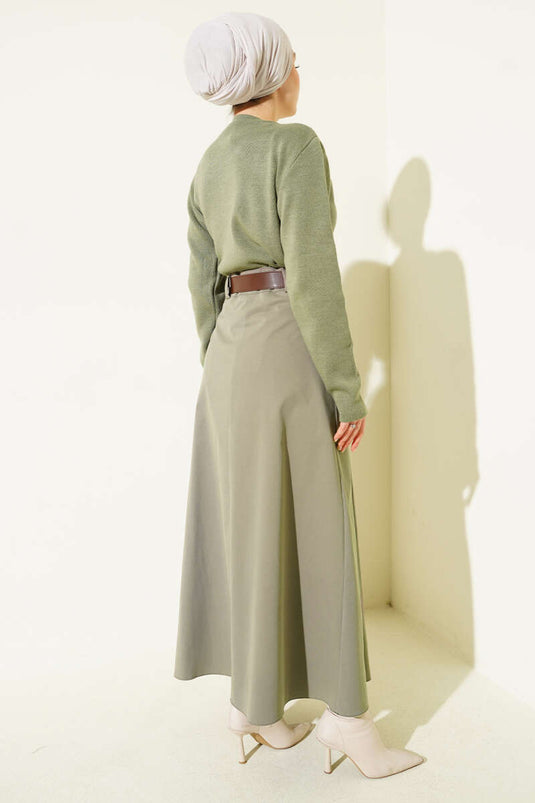 Kemerli Pileli Kloş Etek Çağla Yeşili