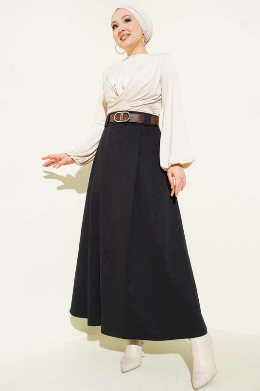 Kemerli Pileli Kloş Etek Siyah