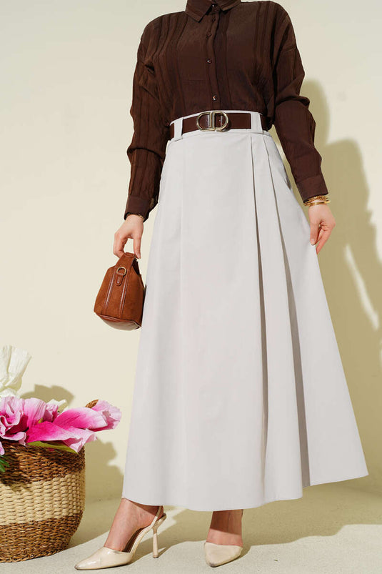 Belted Pleated Flared Skirt Stone