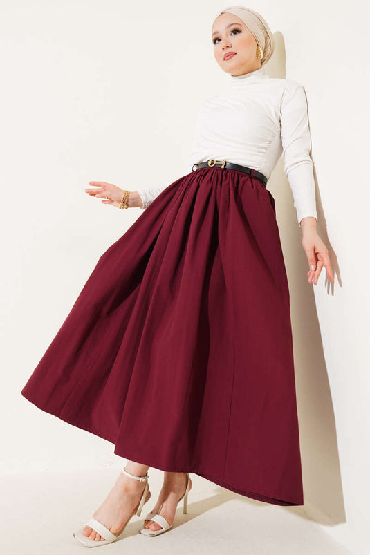Kemerli Poplin Etek Bordo