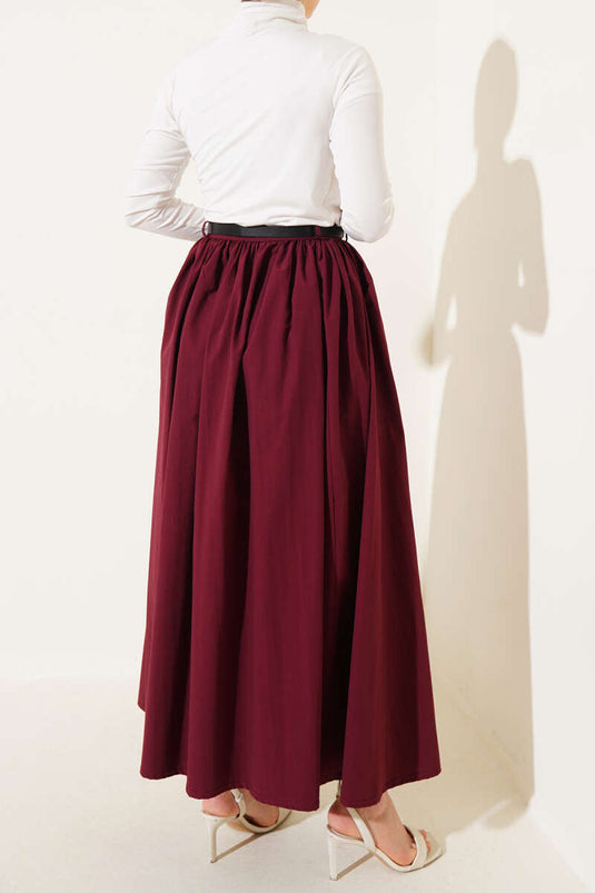 Kemerli Poplin Etek Bordo