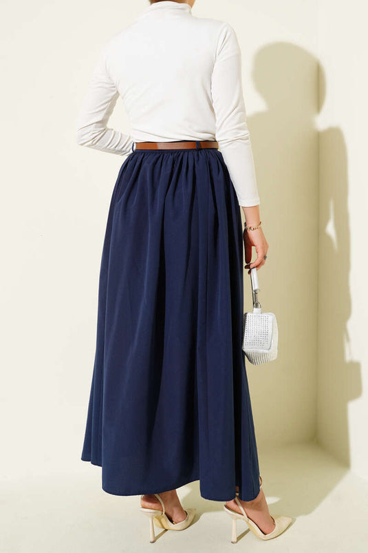 Kemerli Poplin Etek Lacivert