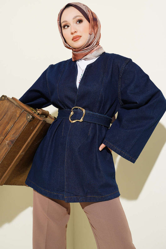 Giacca Di Jeans Blu Navy Con Cintura