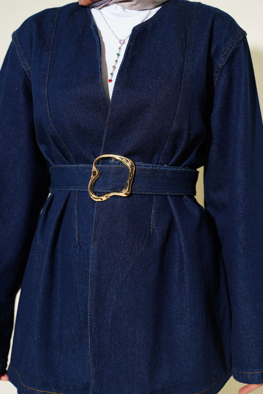 Giacca Di Jeans Blu Navy Con Cintura