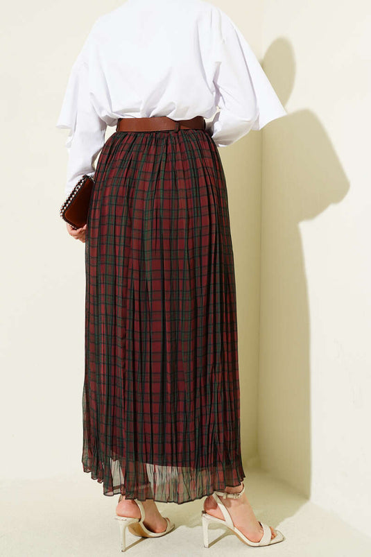 Jupe plissée serrée à carreaux avec ceinture marron