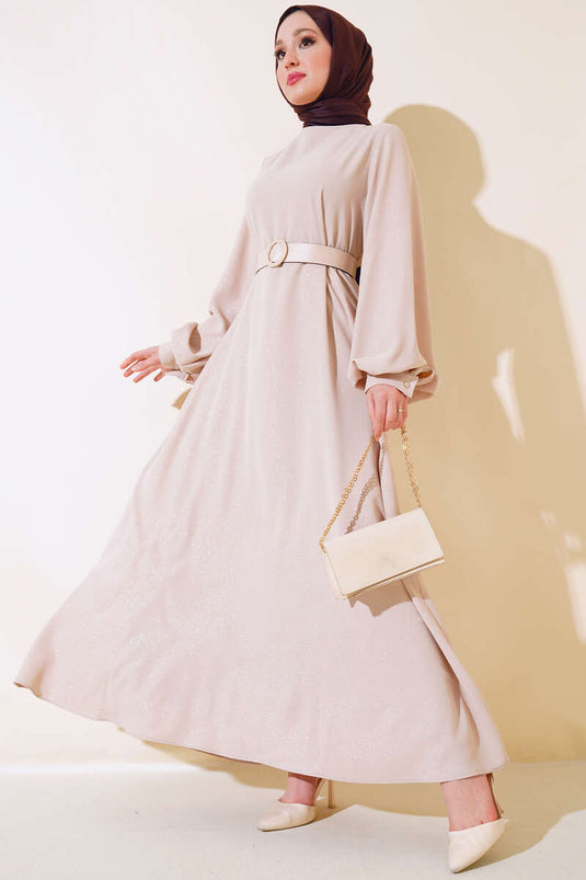 فستان لامع بحزام باللون البيج