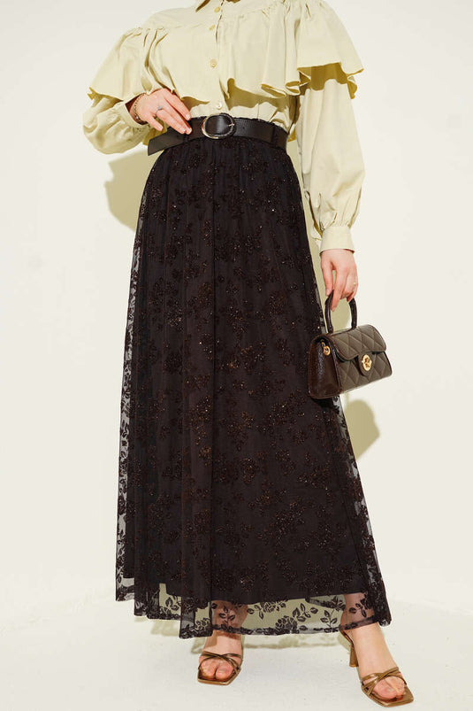 تنورة تول متسعة لامعة بحزام بلون بني داكن