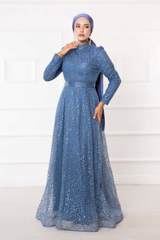 Robe De Soirée Hijab En Tulle Argenté Ceinturée Bleu