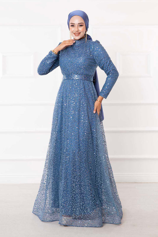 Robe De Soirée Hijab En Tulle Argenté Ceinturée Bleu