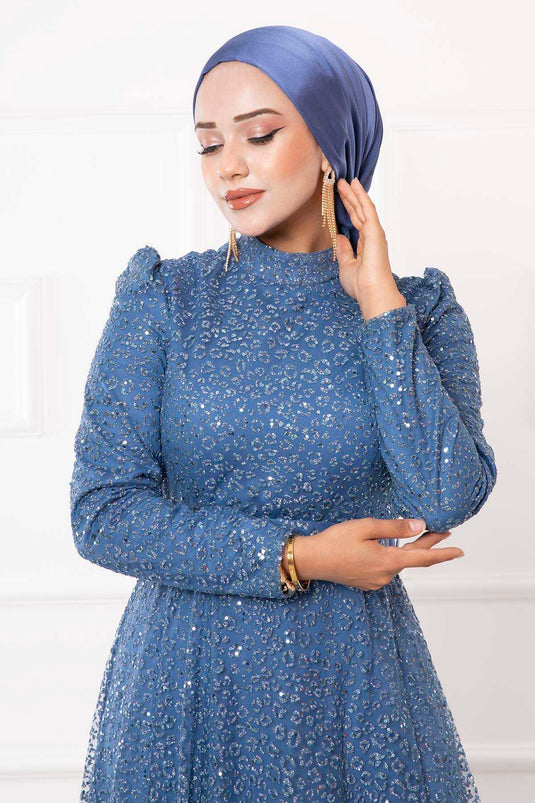 Robe De Soirée Hijab En Tulle Argenté Ceinturée Bleu