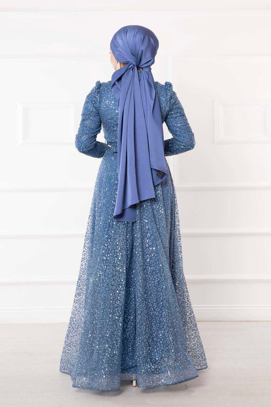 Robe De Soirée Hijab En Tulle Argenté Ceinturée Bleu