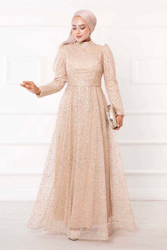 Robe de soirée hijab ceinturée en tulle pailleté crème