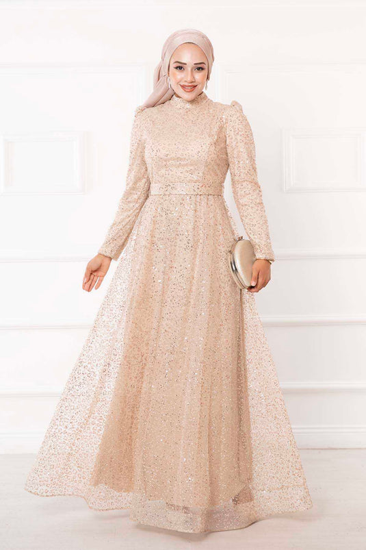 Robe de soirée hijab ceinturée en tulle pailleté crème